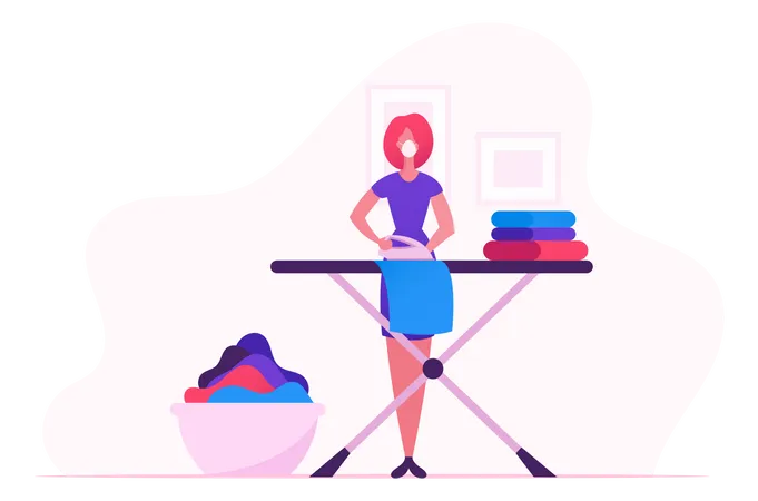 Housewife Ironing Clear Linen At Home During Covid 19  Illustration