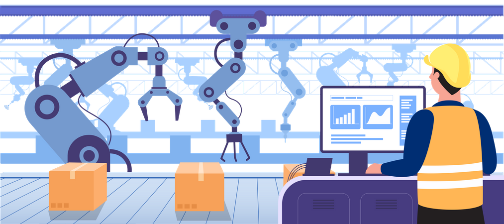 Humano usando computador para controlar os braços robóticos que trabalham na produção transportados  Ilustração