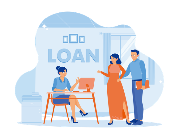 Husband and wife apply for loan approval from bank officer  Illustration