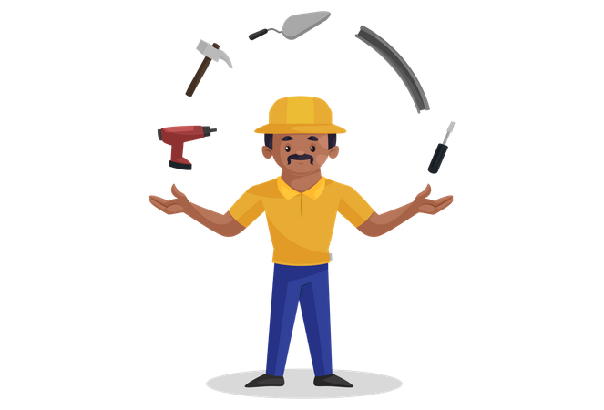 Indian builder showing his construction tools  Illustration