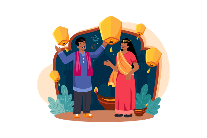 Indian couple flying Diwali lantern into the sky  일러스트레이션