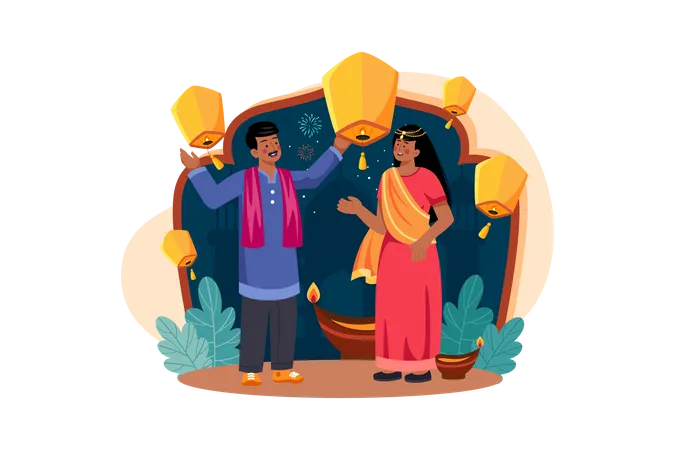 Indian couple flying Diwali lantern into the sky  일러스트레이션