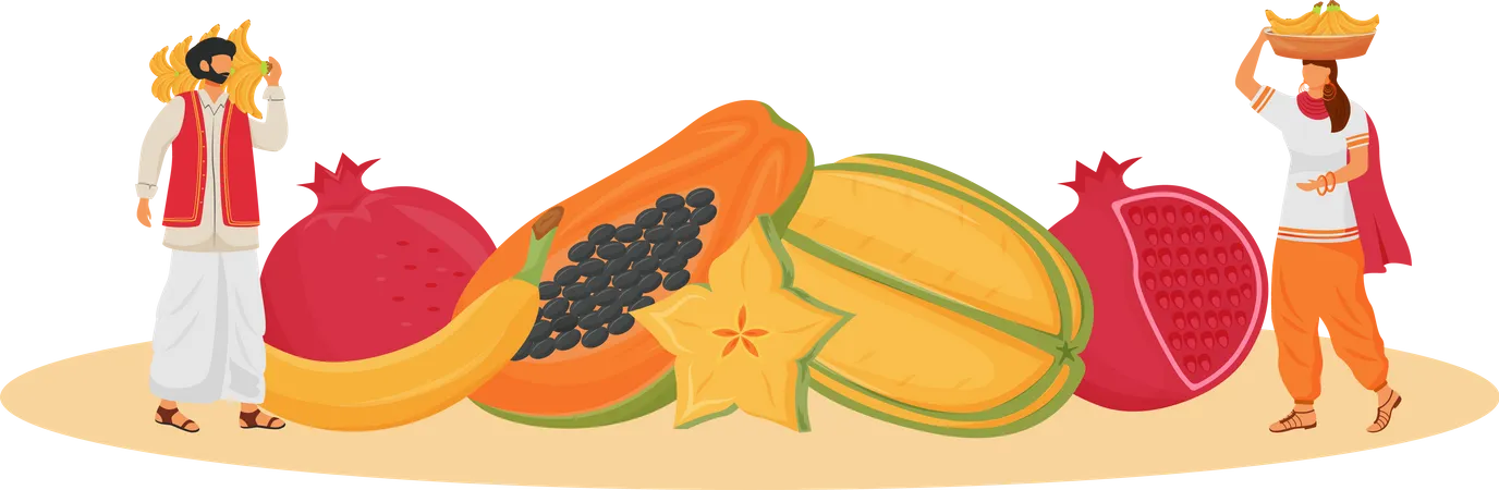 Indian cuisine, served tropical fruits  Illustration