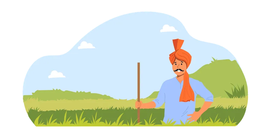 Indian Farmer Working At Farm  Illustration