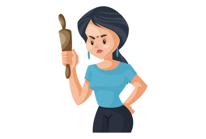 Indian House wife shouting holding rolling pin  Illustration