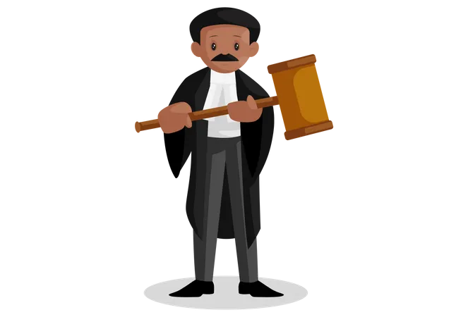 Indian lawyer holding big hammer in his hands  イラスト