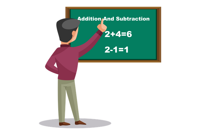 Indian Math Teacher teaching addition and subtraction on board  Illustration