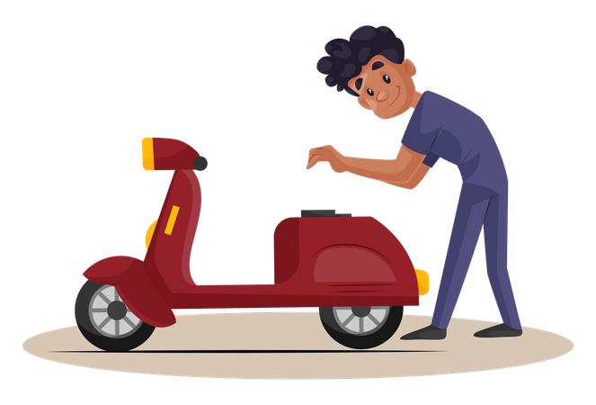 Indian Mechanic checking petrol tank of scooter  イラスト