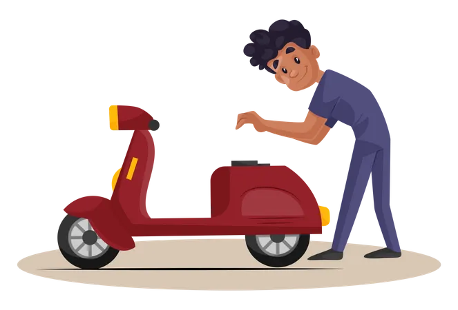 Indian Mechanic checking petrol tank of scooter  イラスト