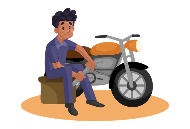 Indian Mechanic repairing motorcycle  イラスト