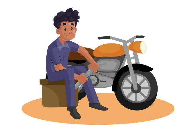 Indian Mechanic repairing motorcycle  イラスト