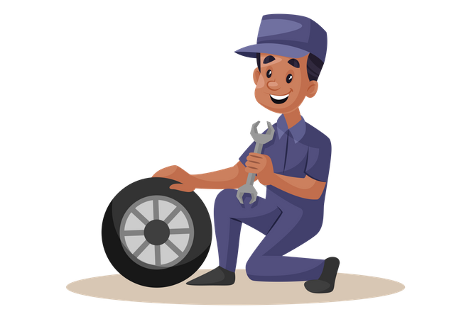 Indian Mechanic repairing wheel with wrench  イラスト