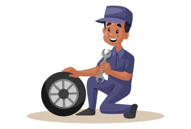 Indian Mechanic repairing wheel with wrench  イラスト