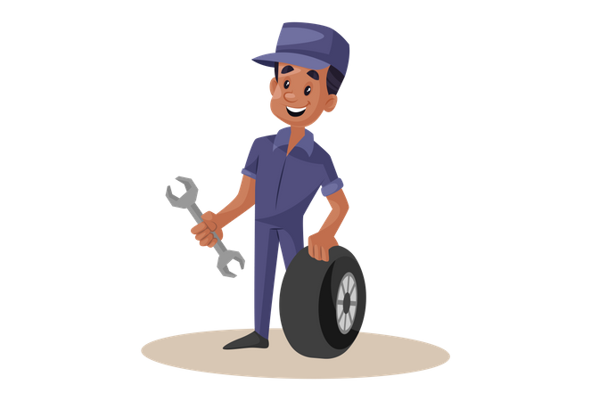 Indian Mechanic repairing wheel with wrench  イラスト