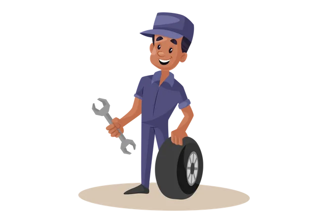 Indian Mechanic repairing wheel with wrench  イラスト