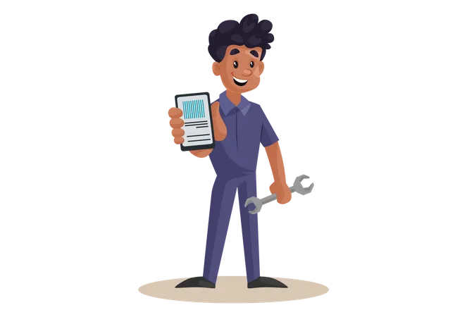 Indian Mechanic showing Smartphone for online app  イラスト