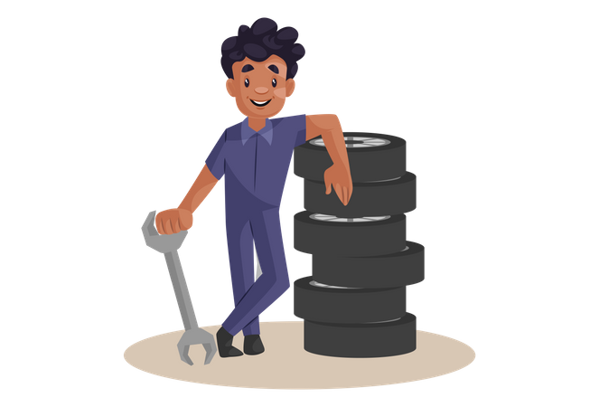 Indian Mechanic standing near wheels  イラスト