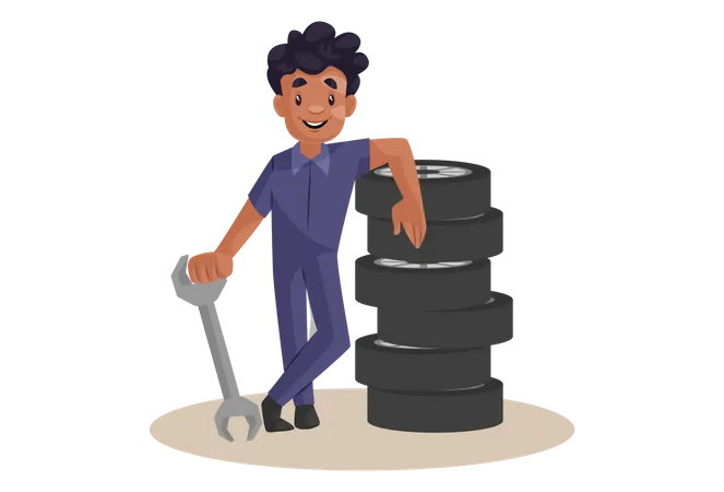 Indian Mechanic standing near wheels  イラスト