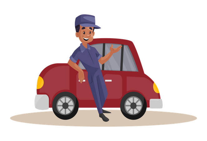 Indian Mechanic standing over repaired car  イラスト