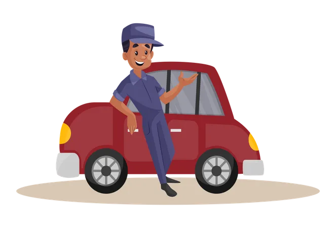 Indian Mechanic standing over repaired car  イラスト