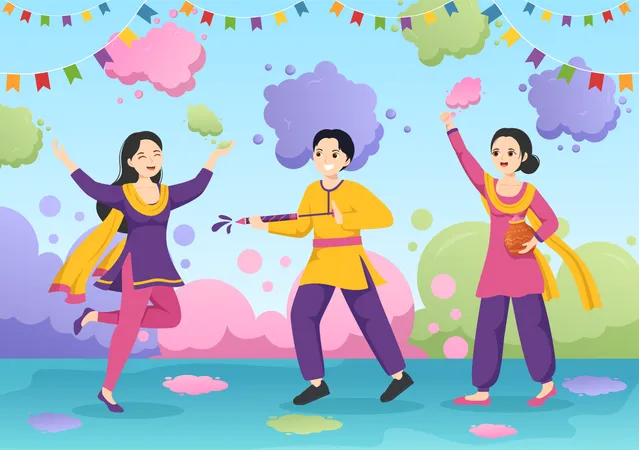 Indian people playing at Holi festival  Illustration