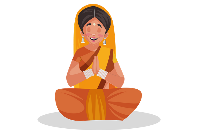 Indian priestess sitting and doing meditation or Praying  Illustration