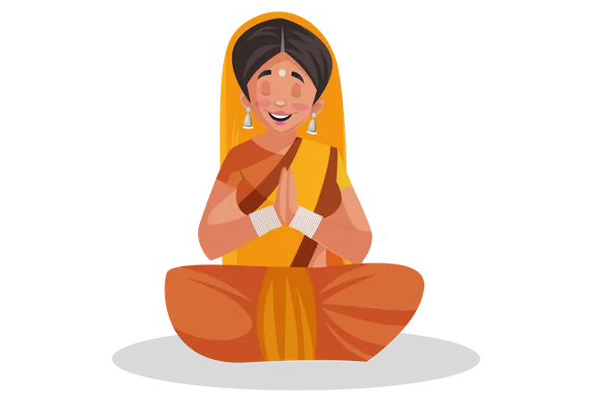 Indian priestess sitting and doing meditation or Praying  Illustration