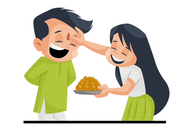 Indian sister doing tika on forehead of brother holding laddu Sweet  Illustration