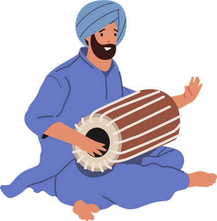 Indian Street Musician Playing Drum  イラスト