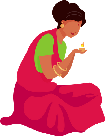 Indian woman lighting candle  Illustration