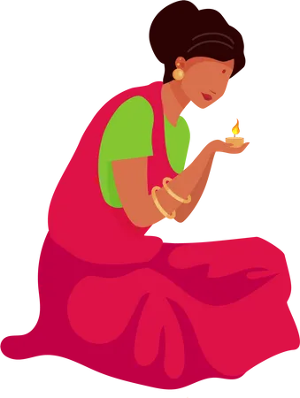 Indian woman lighting candle  Illustration