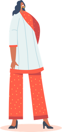 Indian Woman Wear Red Suit with Trousers and Long Blouse with Scarf  Illustration