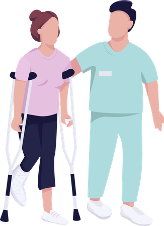 Injured woman on crutches and doctor  Illustration