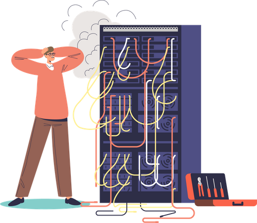 Un administrateur système inquiet regarde un serveur informatique en feu  Illustration