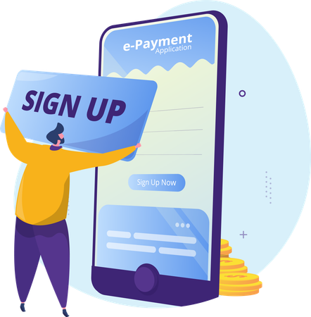 Cadastre-se ou registre-se no aplicativo de pagamento eletrônico  Ilustração