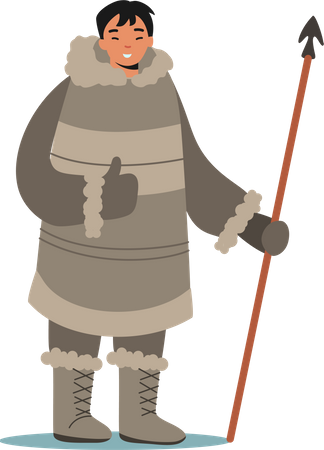 Inuit Hunter Wearing Traditional Clothes  일러스트레이션