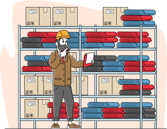 Inventory Manager Male Character Work in Warehouse with Stacks of Carton Boxes Checking List of Goods for Distribution  Illustration