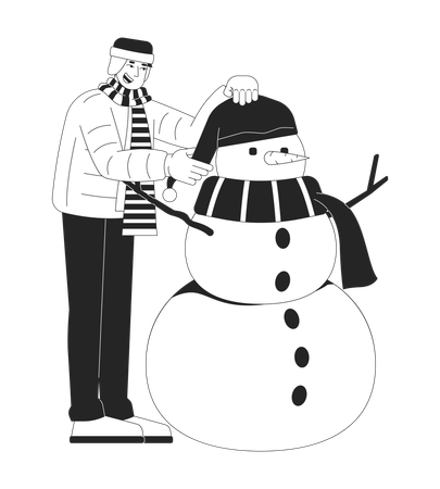 Homem com jaqueta de inverno colocando chapéu no boneco de neve  Ilustração