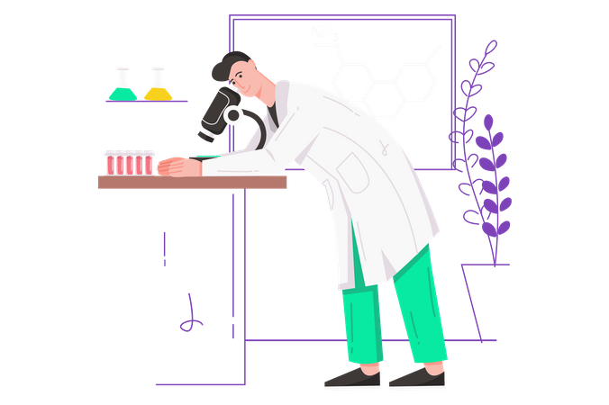 Investigador masculino realiza pruebas utilizando microscopio y equipo.  Ilustración