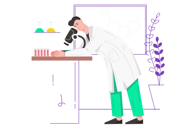 Investigador masculino realiza pruebas utilizando microscopio y equipo.  Ilustración