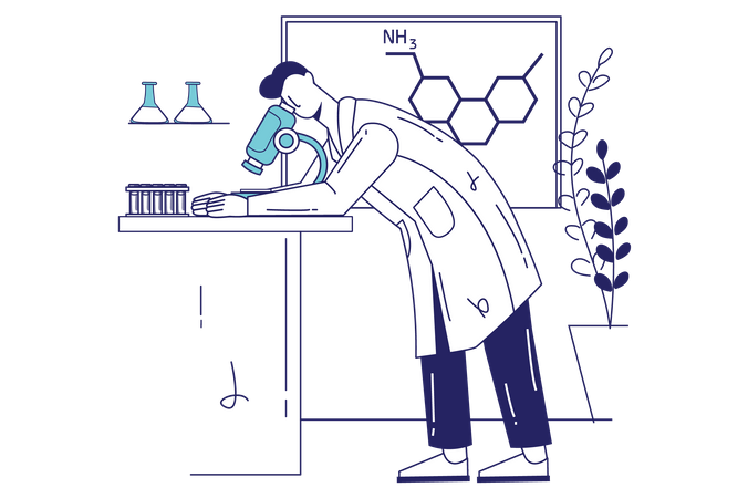 Investigador masculino realiza pruebas utilizando microscopio y equipo.  Ilustración