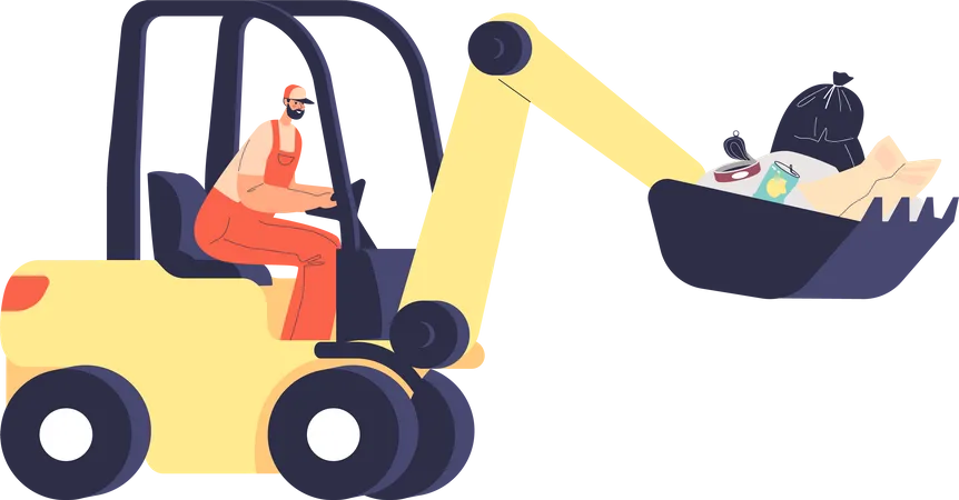 Janitor work on bulldozer vehicle collect trash and litter  Illustration