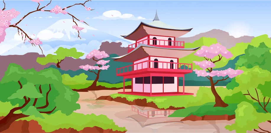 Japanese pagoda and Fuji Mount  Illustration