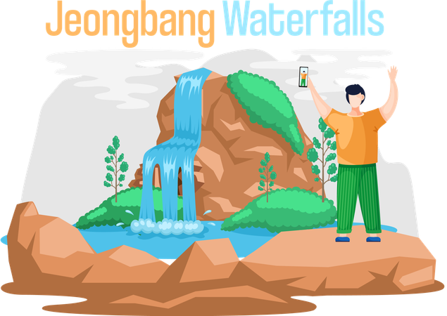 Jeongbang Waterfall famous landmark of Jeju Island in south Korea  Illustration