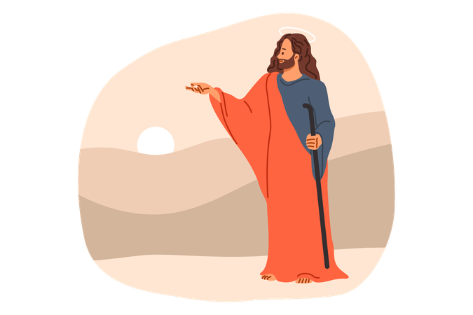 Jesus christ from bible and christian religion stands near hills and sunset giving parting words  Illustration