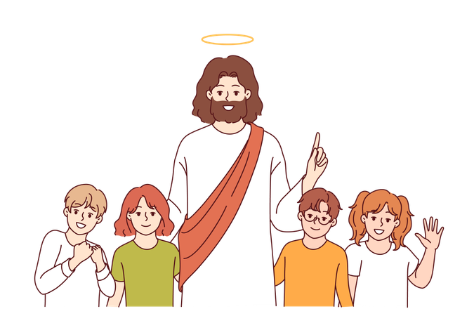 Jesus Cristo sorri ao lado de crianças e prega a bondade aos seguidores da religião cristã  Ilustração