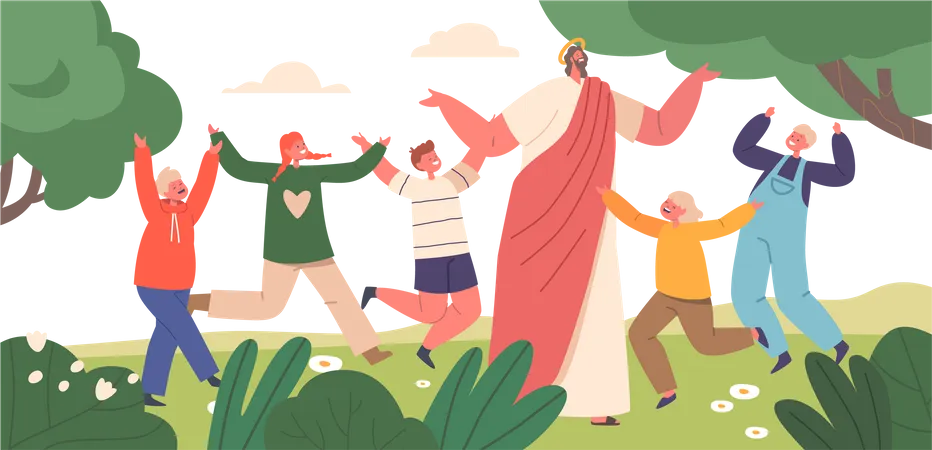 Jésus et les enfants sur un champ ensoleillé  Illustration