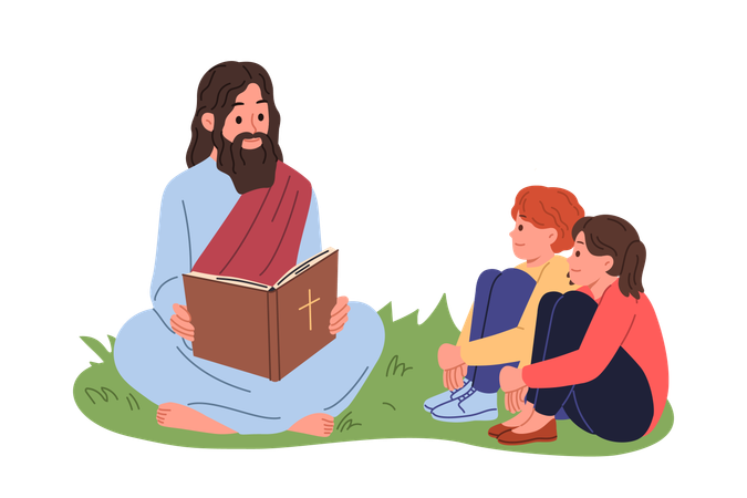 Jésus lit la Bible aux enfants assis sur la pelouse et leur explique les commandements chrétiens  Illustration