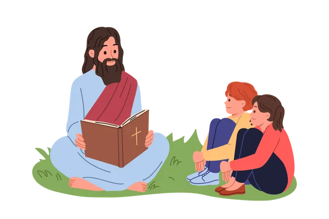 Jésus lit la Bible aux enfants assis sur la pelouse et leur explique les commandements chrétiens  Illustration