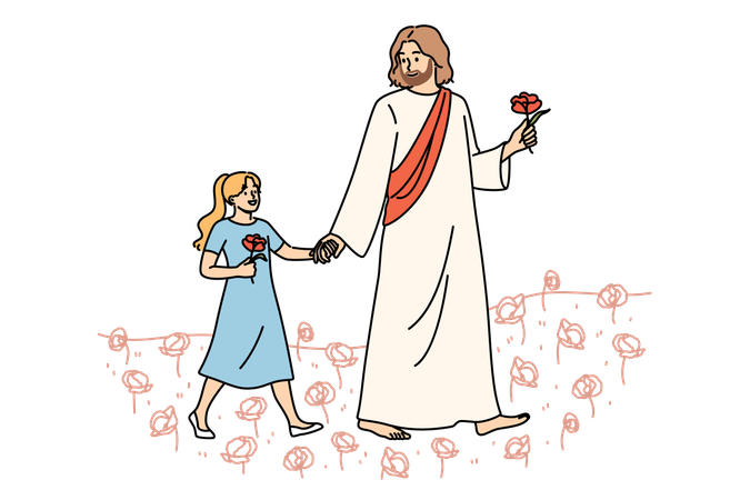 Jésus marchant avec une fille  Illustration